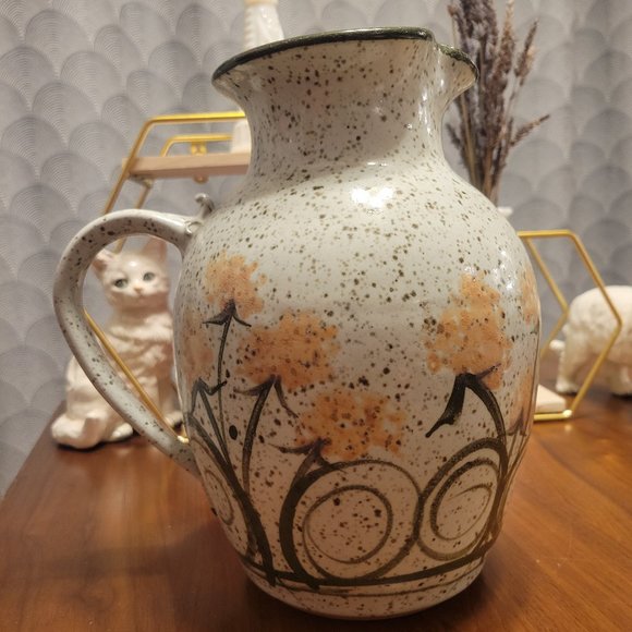 Vintage Studio Pottery Earthworks West Yellow Green Floral Speckled Carafe - Picture 1 of 4